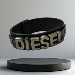Diesel Black Leather Bracelet with Silver Lettering